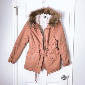 H&M Parka Jacket Pink Dusty Rose Faux Fur Trim